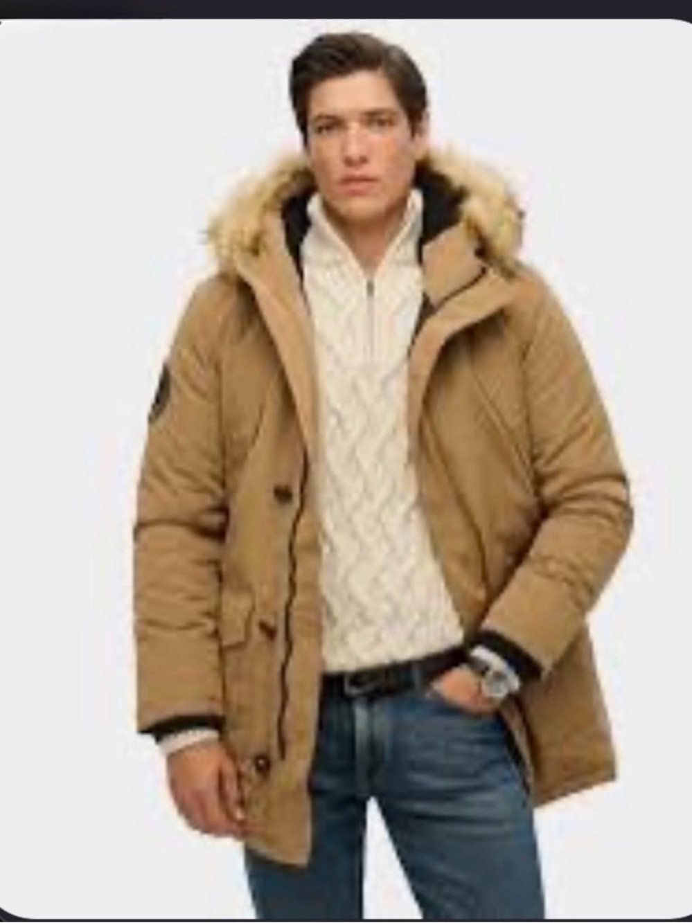 Superdry Men's Camel Puffer Parka with Faux-Fur Hood